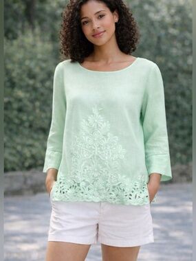 NEW! J. Crew Floral Embroidered 100% Linen Blouse Exposed Zipper Mint Green SZ 2